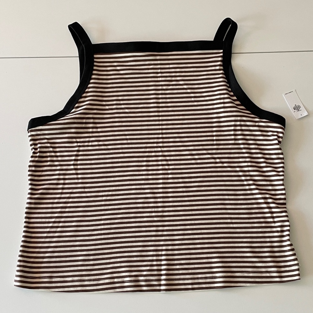 Old Navy Brown & White Striped Square-Neck Tank with Black Trim